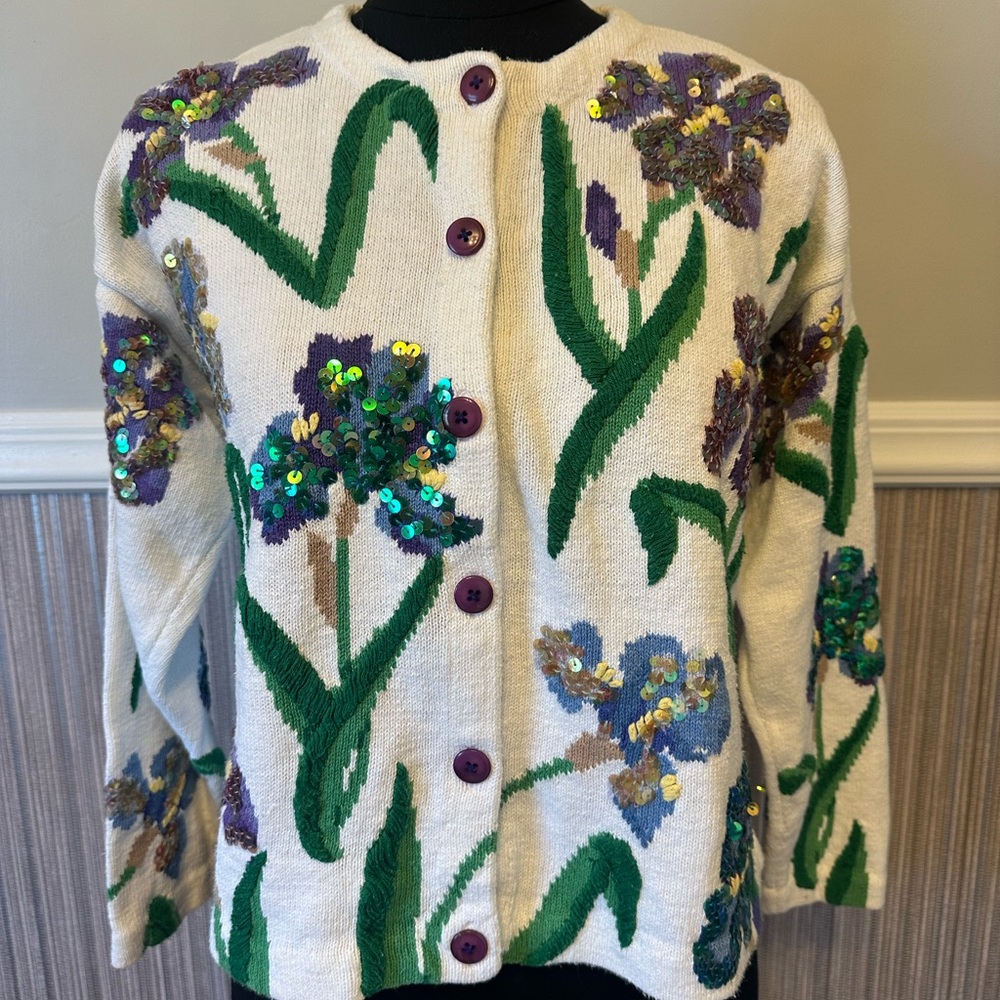 Vintage Jane’s Closet Floral Sequin Cardigan Sweater Cottagecore Embroidered Med